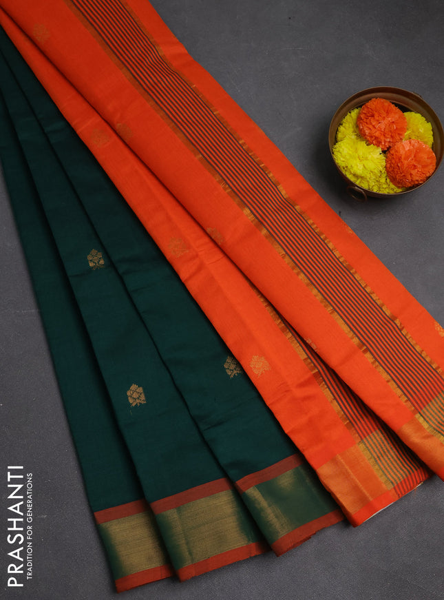 Green & Orange Semi Silk Cotton Saree - Buttas