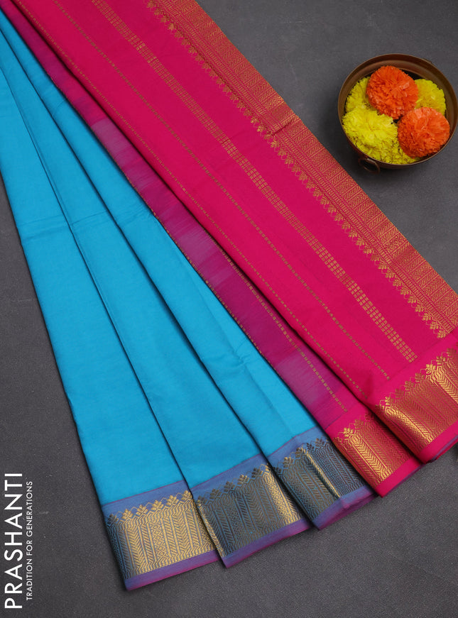 Sky Blue & Pink Semi Silk Cotton Saree