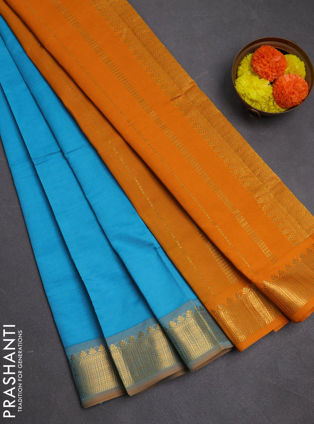 Sky Blue & Mustard Yellow Semi Silk Cotton Saree