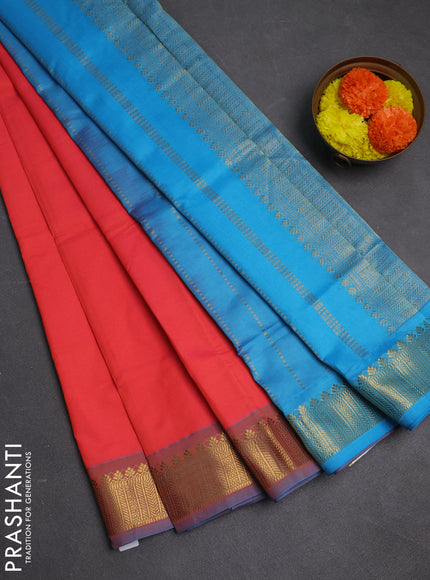 Peach Orange & Sky Blue Semi Silk Cotton Saree