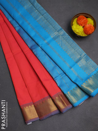 Peach Orange & Sky Blue Semi Silk Cotton Saree