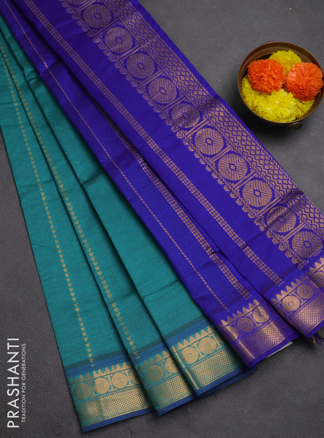 Teal Green & Blue Semi Silk Cotton Saree - Zari Weaves