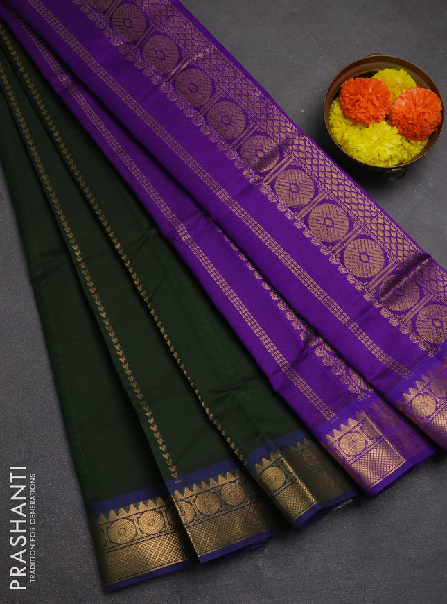 Bottle Green & Purple Semi Silk Cotton Saree - Zari Weaves