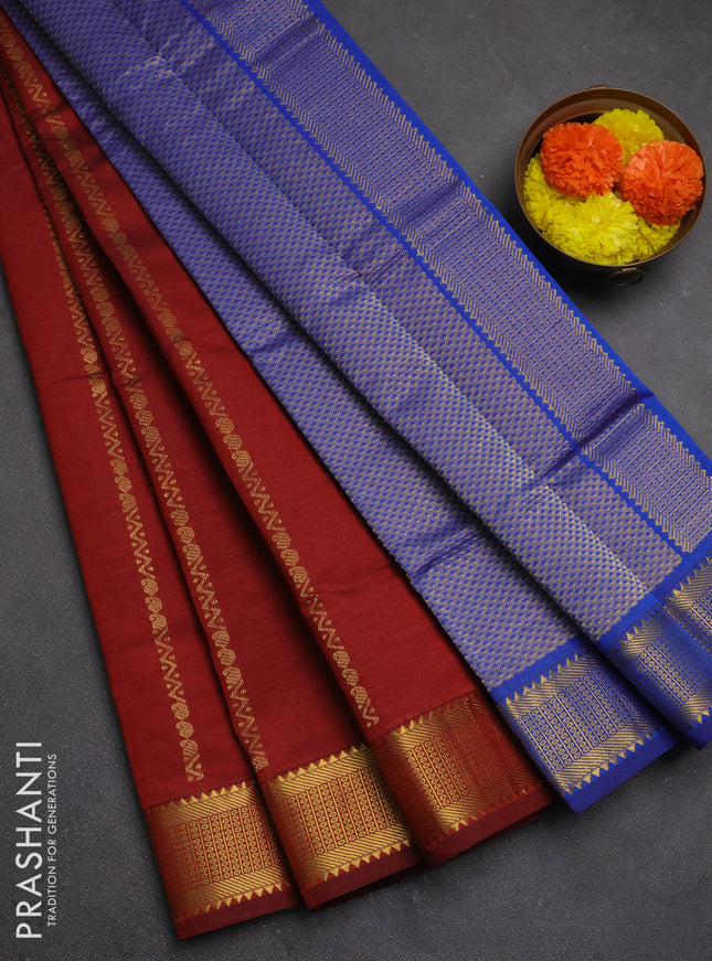Maroon & Blue Semi Silk Cotton Saree - Zari Weaves