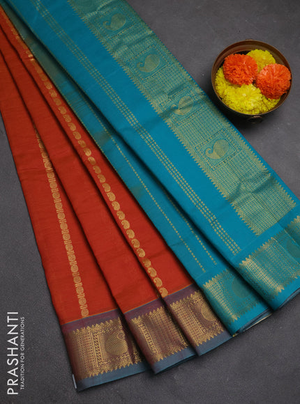 Orange & Teal Blue Semi Silk Cotton Saree - Zari Weaves