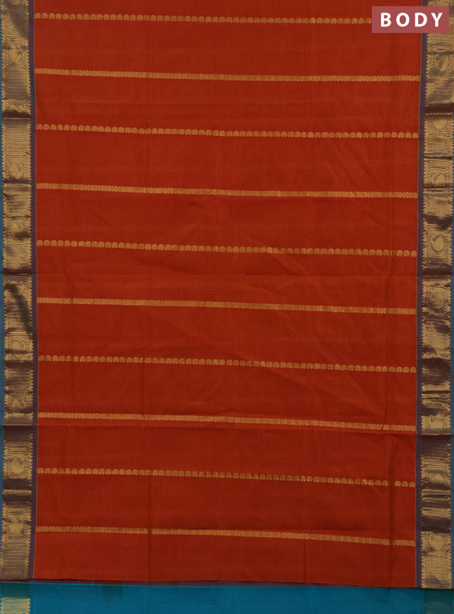 Orange & Teal Blue Semi Silk Cotton Saree - Zari Weaves