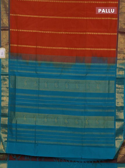 Orange & Teal Blue Semi Silk Cotton Saree - Zari Weaves