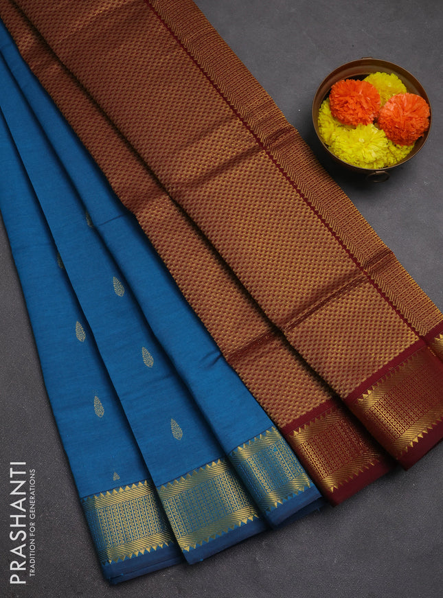 Peacock Blue & Maroon Semi Silk Cotton Saree - Buttas