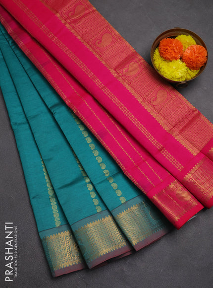 Teal Green & Pink Semi Silk Cotton Saree - Zari Weaves