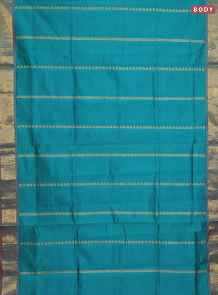 Teal Green & Pink Semi Silk Cotton Saree - Zari Weaves