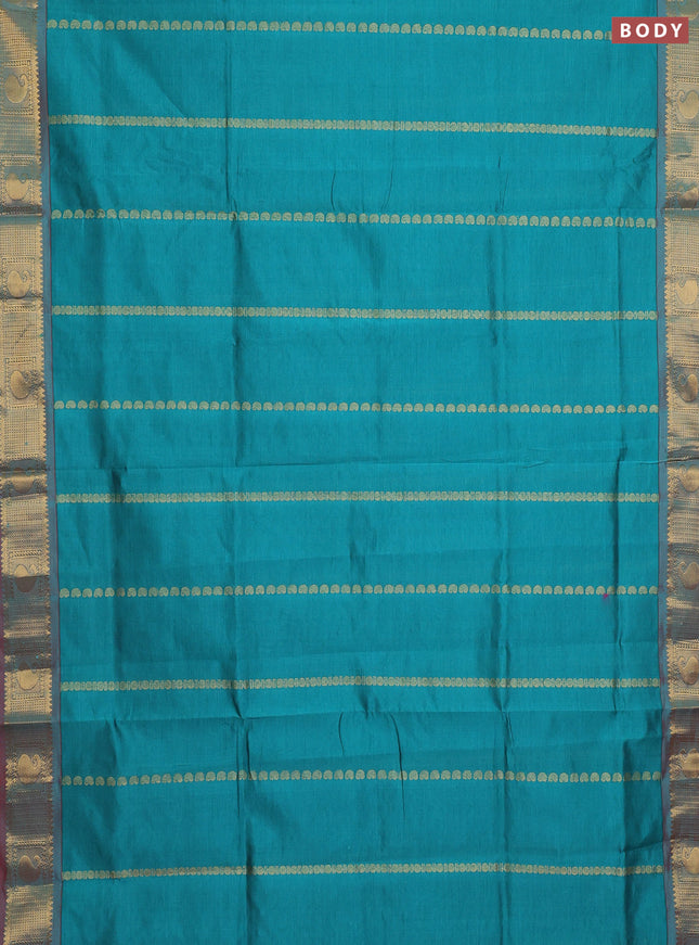 Teal Green & Pink Semi Silk Cotton Saree - Zari Weaves