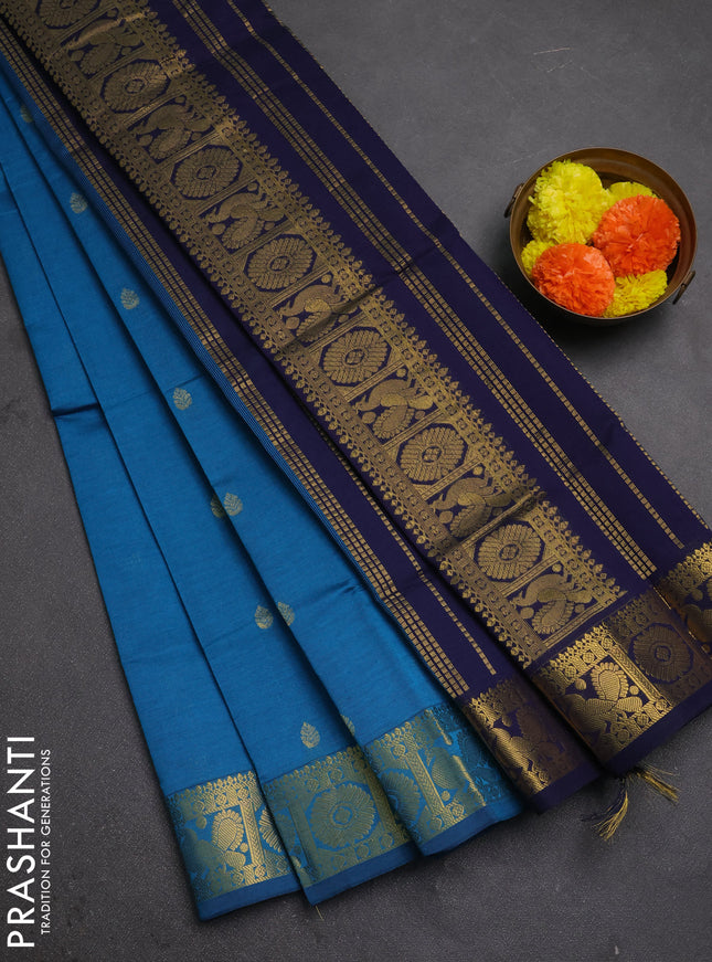Peacock blue & Navy Blue Semi Silk Cotton Saree - Buttas