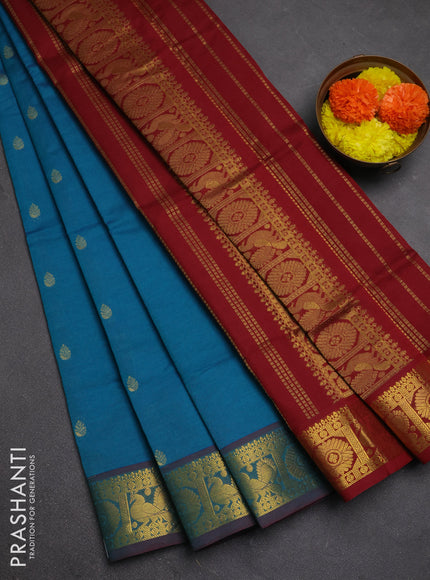 Blue & Maroon Semi Silk Cotton Saree - Buttas