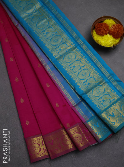 Pink & Blue Semi Silk Cotton Saree - Buttas