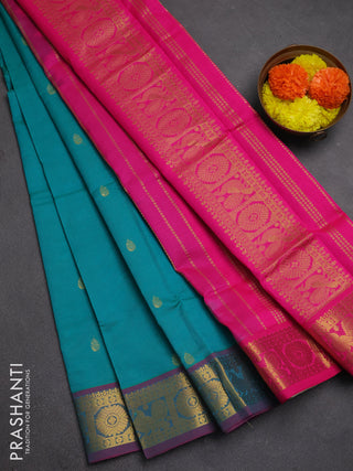 Teal Green & Pink Semi Silk Cotton Saree - Buttas