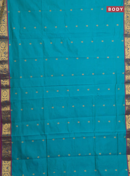 Teal Green & Pink Semi Silk Cotton Saree - Buttas