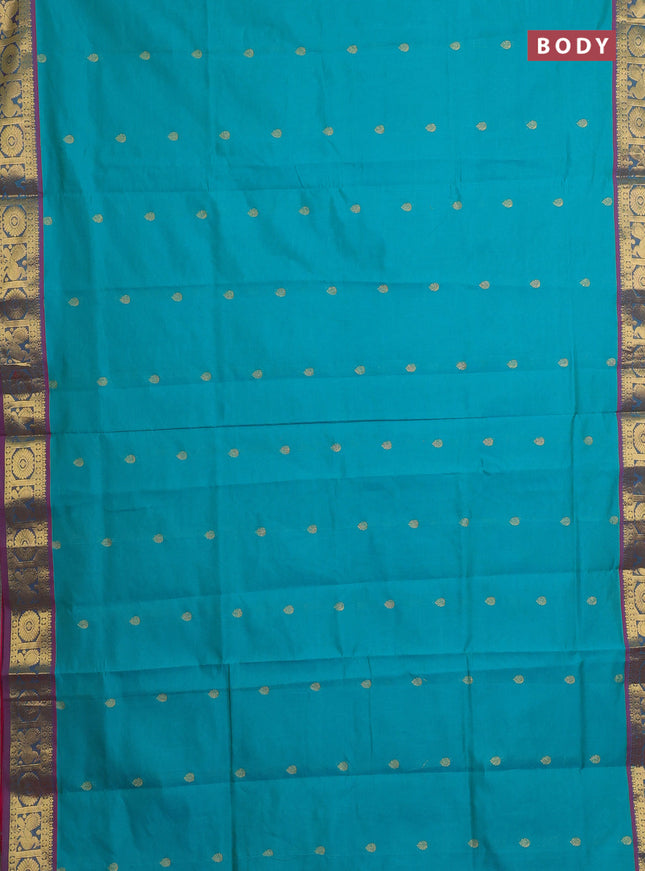Teal Green & Pink Semi Silk Cotton Saree - Buttas