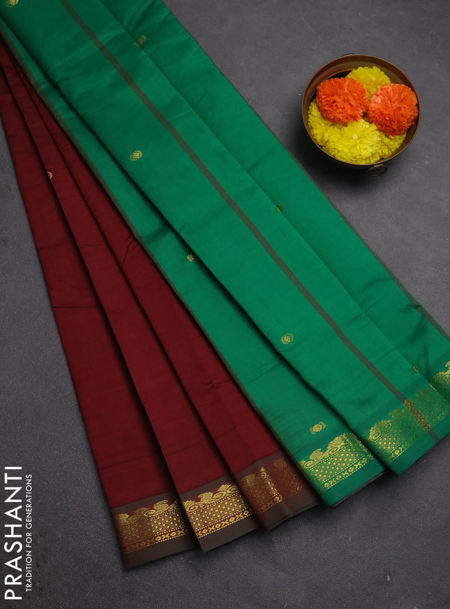 Maroon & Green Semi Silk Cotton Saree - Buttas