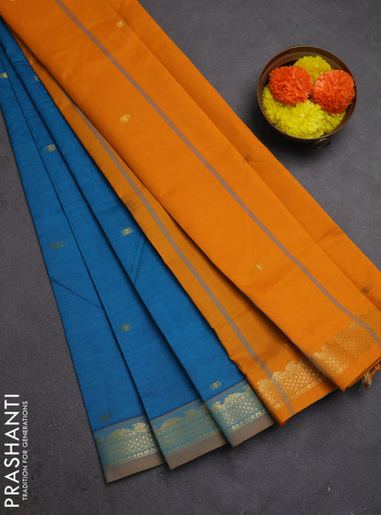 Blue & Mustard Yellow Semi Silk Cotton Saree - Buttas