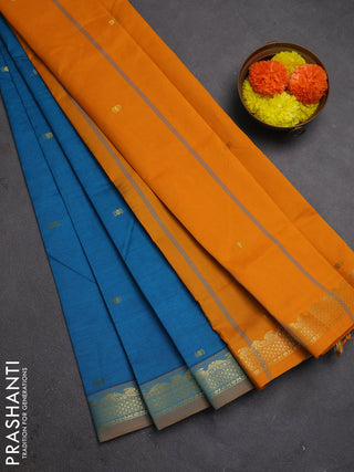 Blue & Mustard Yellow Semi Silk Cotton Saree - Buttas
