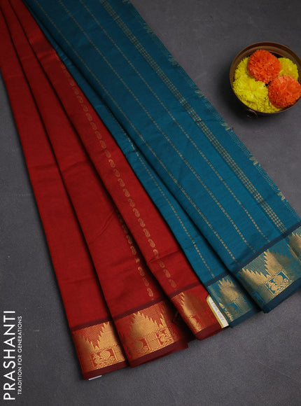 Maroon & Peacock Green Semi Silk Cotton Saree - Zari Weaves
