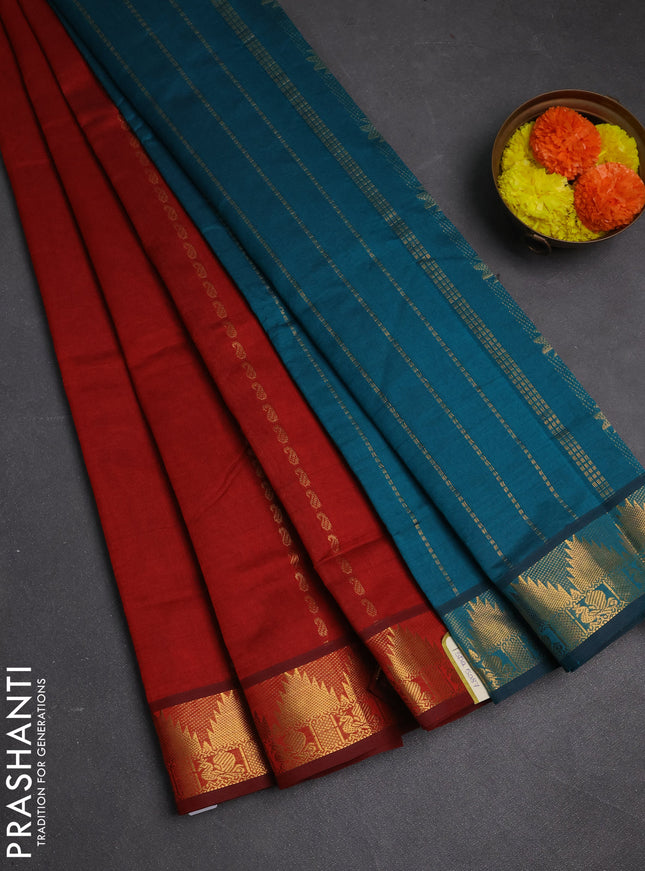 Maroon & Peacock Green Semi Silk Cotton Saree - Zari Weaves