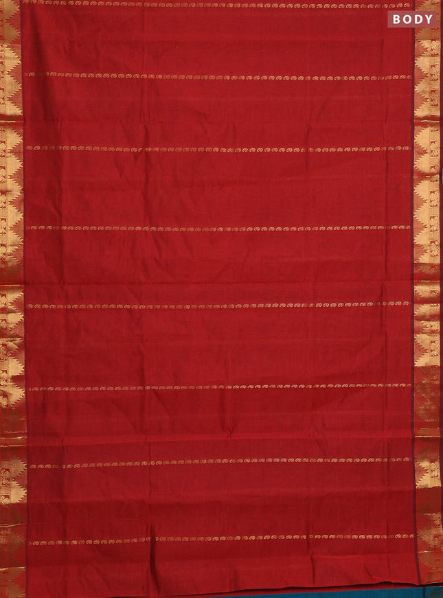 Maroon & Peacock Green Semi Silk Cotton Saree - Zari Weaves