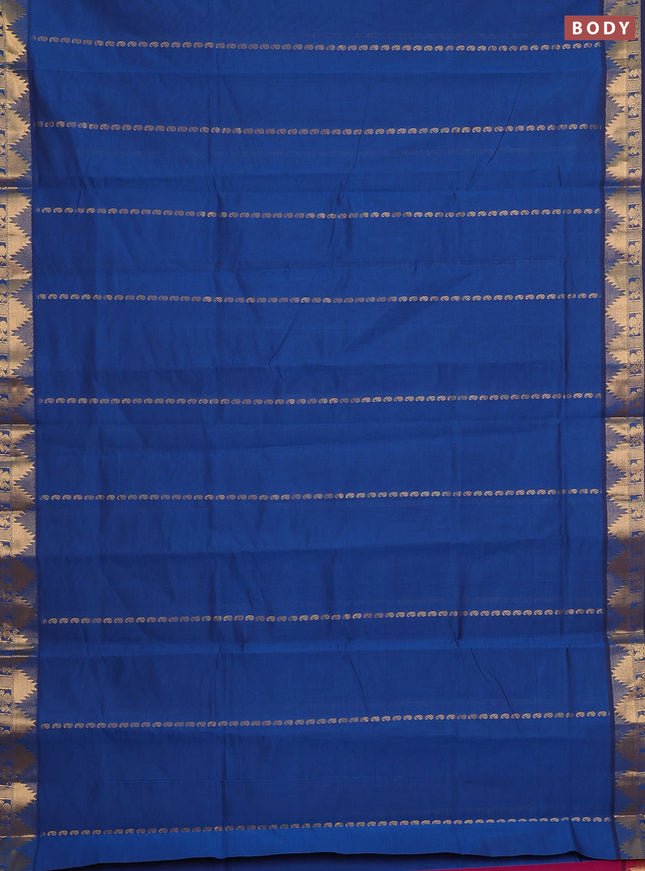 Peacock Blue & Magenta Pink Semi Silk Cotton Saree - Zari Weaves