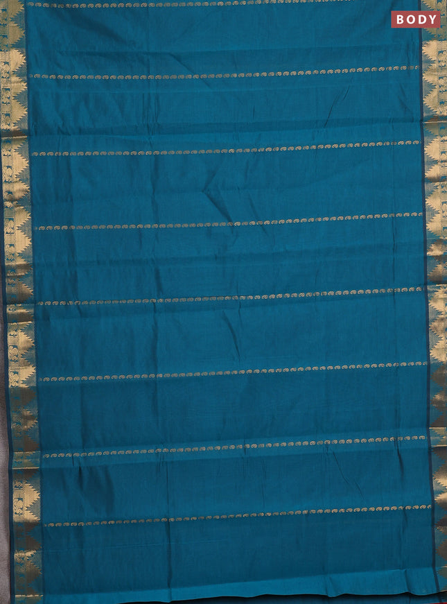 Peacock Green & Maroon Semi Silk Cotton Saree - Zari Weaves