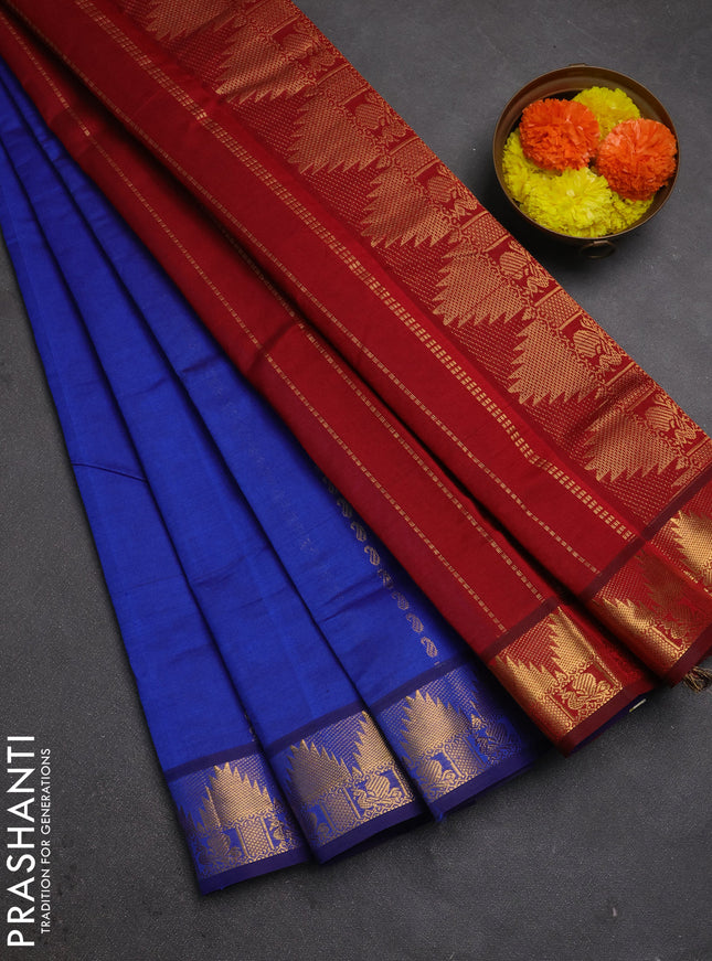 Blue & Maroon Semi Silk Cotton Saree - Zari Weaves