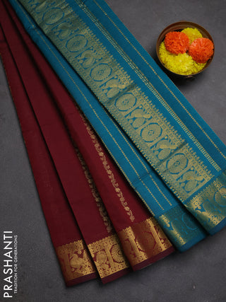 Maroon & Peacock Green Semi Silk Cotton Saree - Zari Weaves