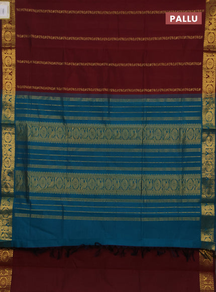 Maroon & Peacock Green Semi Silk Cotton Saree - Zari Weaves