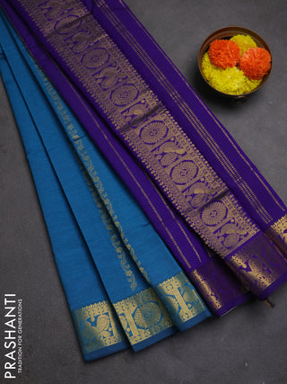 Peacock Blue & Purple Semi Silk Cotton Saree - Zari Weaves