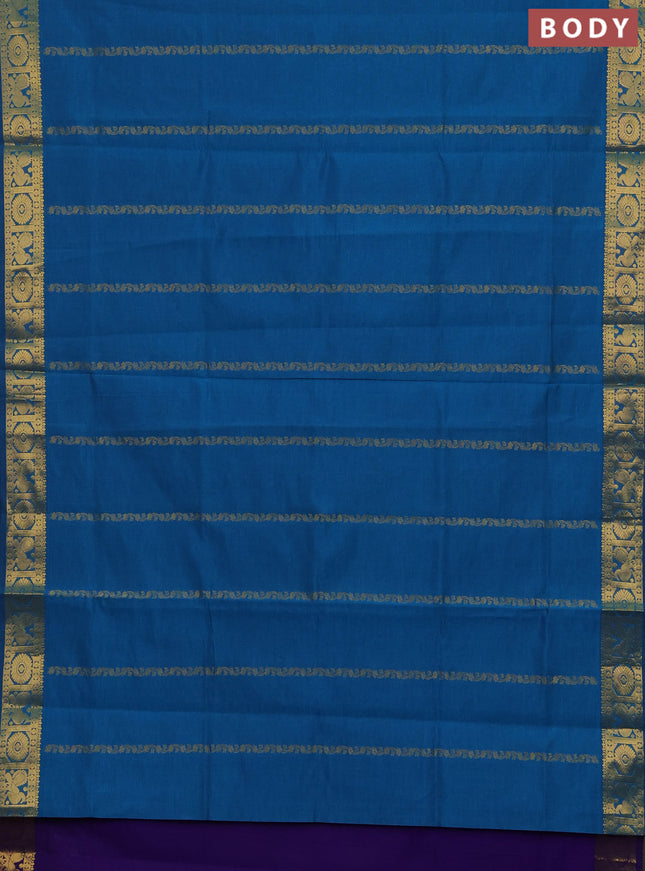 Peacock Blue & Purple Semi Silk Cotton Saree - Zari Weaves