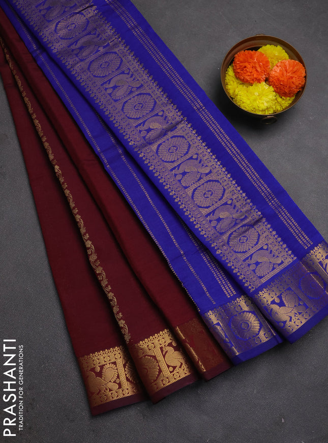 Maroon & Blue Semi Silk Cotton Saree - Zari Weaves