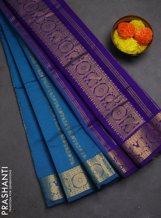 Peacock Blue & Violet Semi Silk Cotton Saree - Zari Weaves