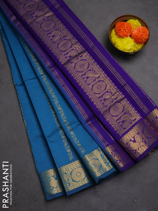 Peacock Blue & Violet Semi Silk Cotton Saree - Zari Weaves