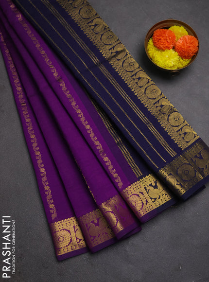 Purple & Navy Blue Semi Silk Cotton Saree - Zari Weaves