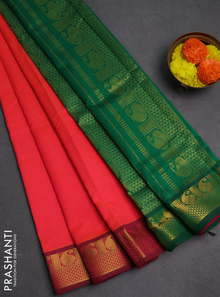 Peach Orange & Green Semi Silk Cotton Saree