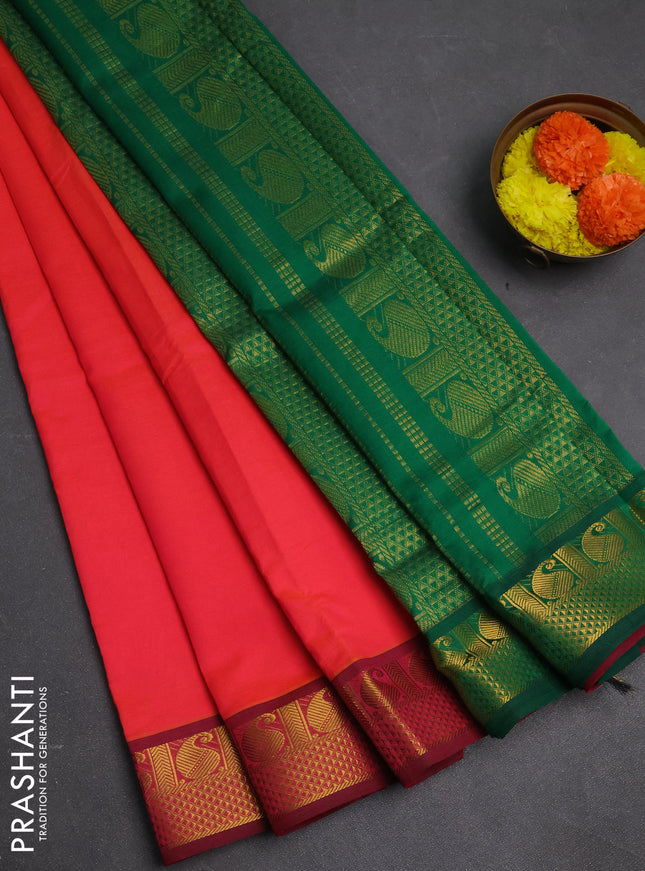 Peach Orange & Green Semi Silk Cotton Saree