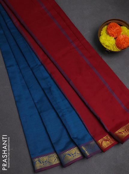 Peacock Blue & Maroon Semi Silk Cotton Saree