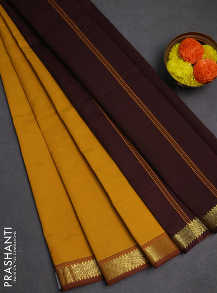 Mustard Yellow & Coffee Brown Semi Silk Cotton Saree
