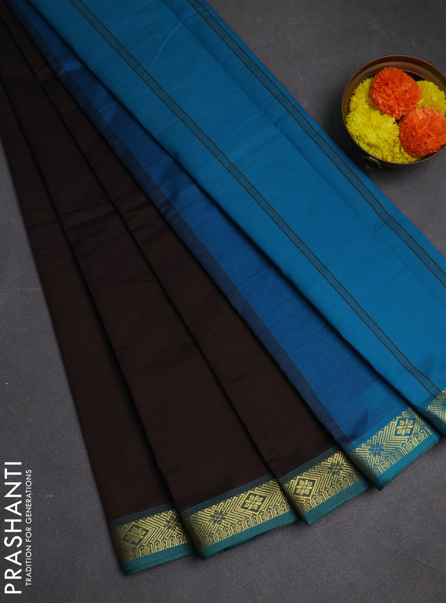 Coffee Brown & Peacock Blue Semi Silk Cotton Saree