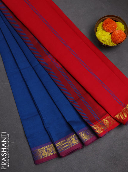 Peacock Blue & Red Semi Silk Cotton Saree