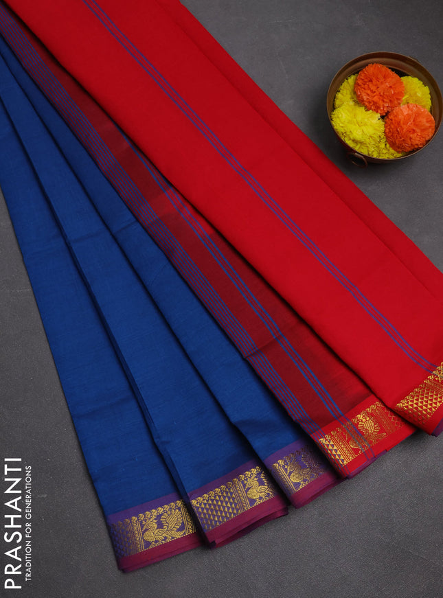Peacock Blue & Red Semi Silk Cotton Saree