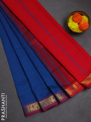 Peacock Blue & Red Semi Silk Cotton Saree