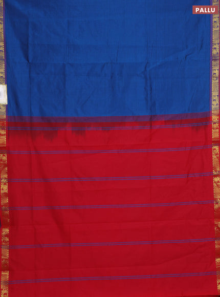 Peacock Blue & Red Semi Silk Cotton Saree