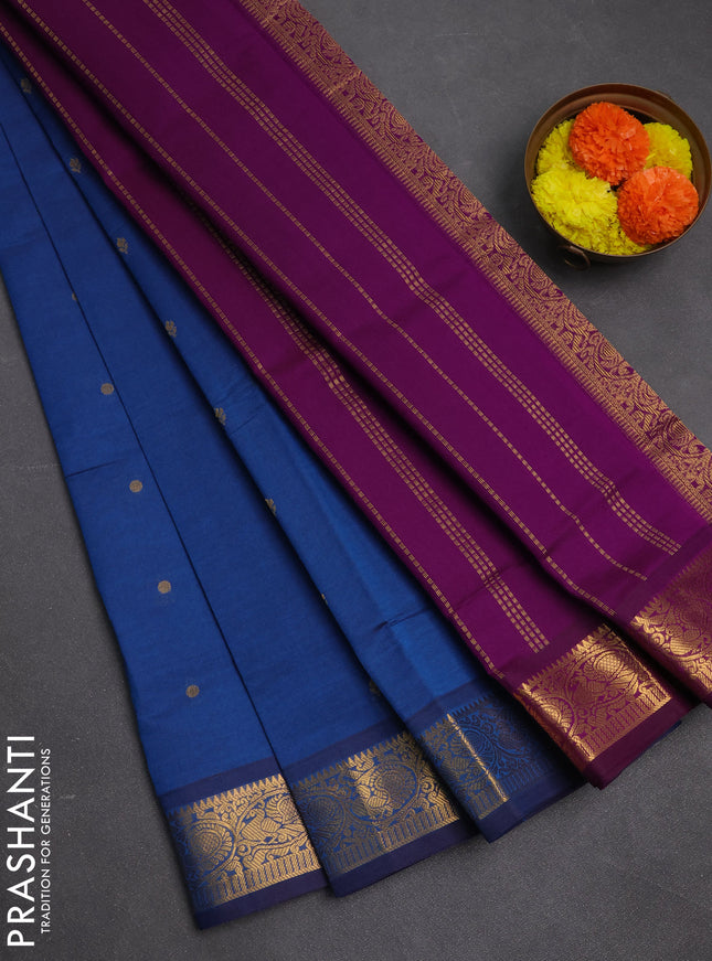 Peacock Blue & Purple Semi Silk Cotton Saree - Buttas