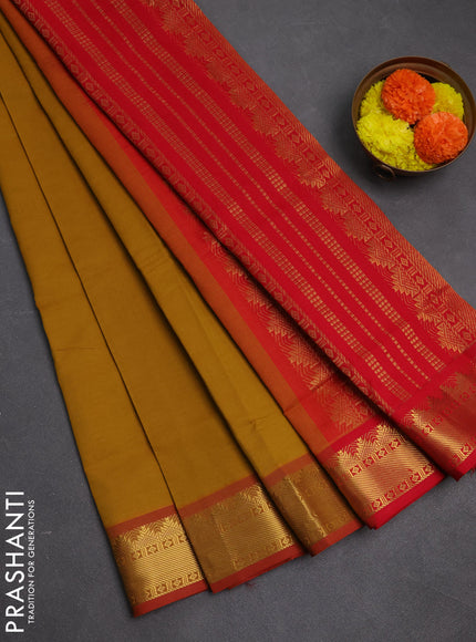Mustard Yellow & red Semi Silk Cotton Saree
