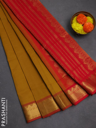 Mustard Yellow & red Semi Silk Cotton Saree